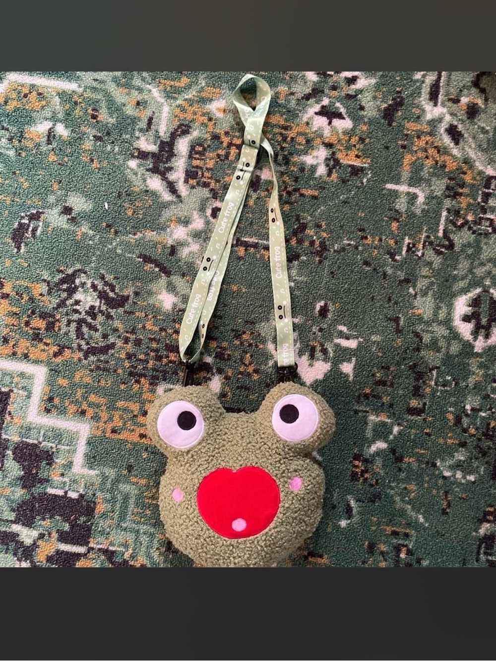 Plush Frog Crossbody Bag in Olive Green with Red Accent